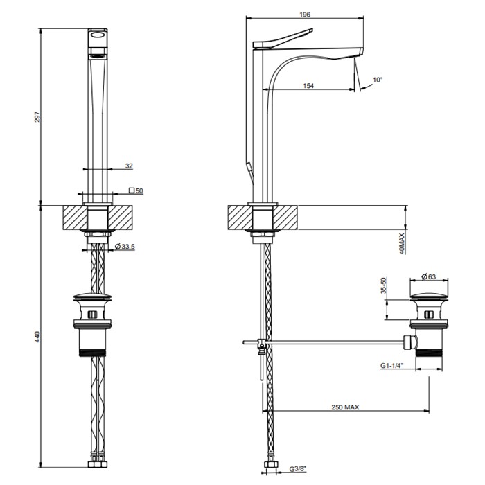 Gessi Смеситель для раковины на 1 отв. с донным клапаном h=297мм, излив 154мм, Rilievo, 59003#031 цвет: хром