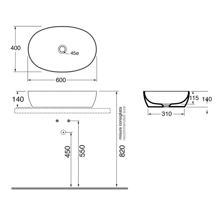 Azzurra раковина накладная 60х40х14см., без отв., без перелива. цвет: cacao, Azzurra, ELLA060400C0CC*0 цвет: cacao