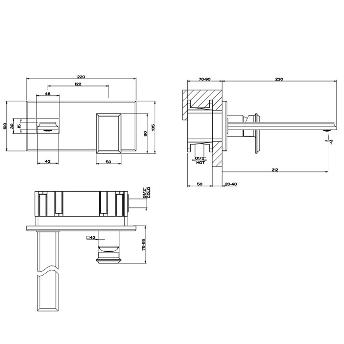 Gessi Встраиваемый однорычажный смеситель для раковины, без донного клапана, с изливом, Eleganza, 46088#706 цвет: черный металлик