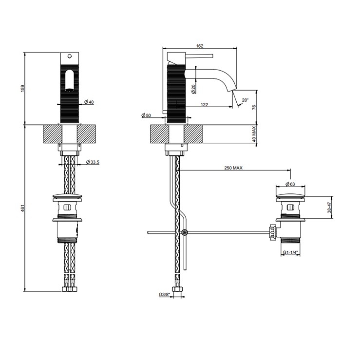 Gessi Смеситель для раковины на 1 отв., с донным клапаном, излив: 123мм, 316, 54301#707 цвет: brushed black metal pvd