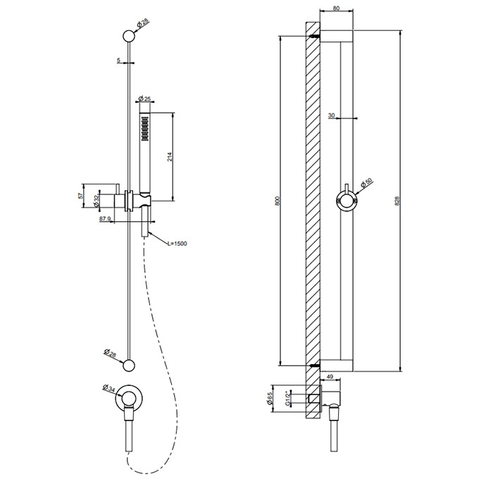 Gessi Штанга в комплекте с душевой лейкой с легкой очисткой, шланг 1,50 м, вывод воды из стены, 316, 54045#707 цвет: brushed black metal pvd
