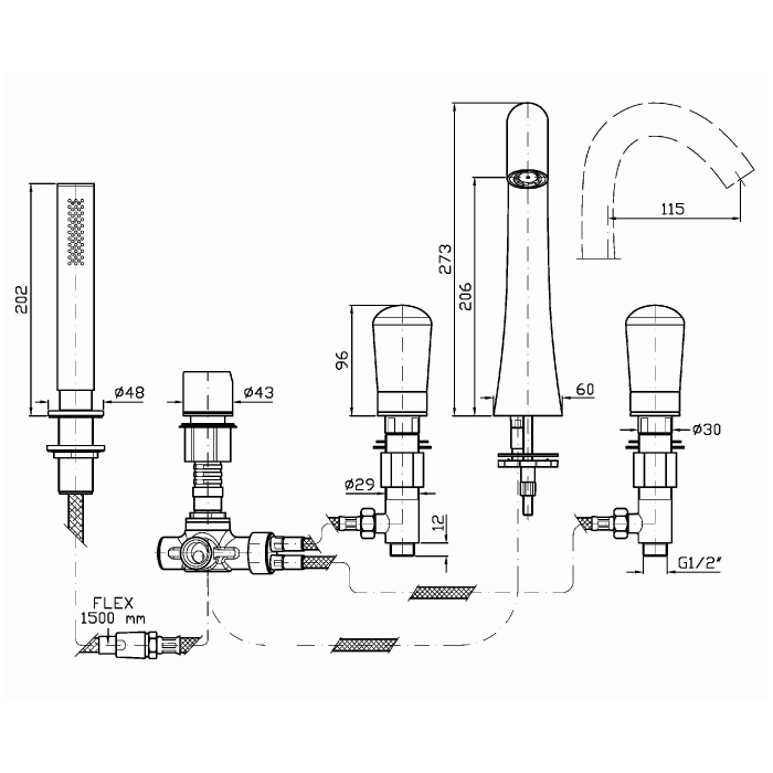 Zucchetti смеситель на борт ванны, на 5 отв, с ручным душем,цвет: черный, nude, черный арт. znu497.c50
