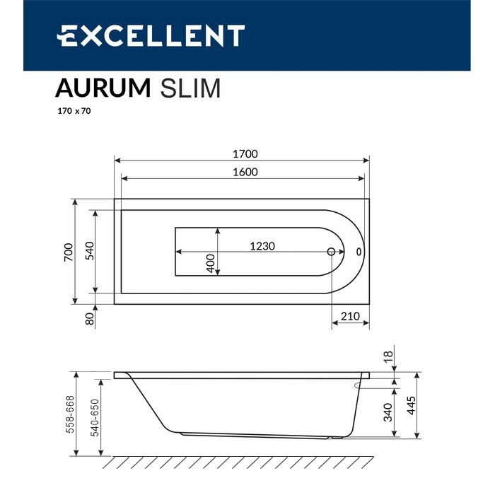 Встраиваемая ванна slim 170x70, Excellent Aurum, арт. WAEX.AUR17WHS
