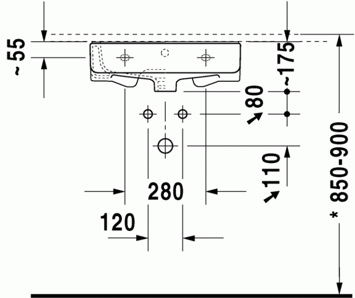 Duravit раковина встраиваемая снизу с тремя отверстиями под смеситель, с переливом, durastyle, 26315200301 цвет: белый