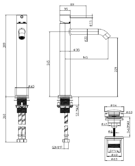 Bossini высокий однорычажный смеситель для раковины c донным клапаном, teo, хром арт. z00703.030