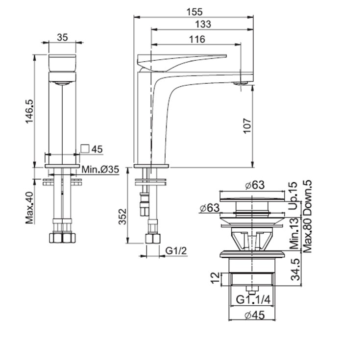 Fima Carlo Frattini смеситель для раковины, на 1 отверстие, донный клапан click-clack, zeta, черный арт. f3961nns