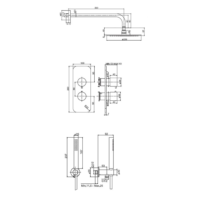 Fima Carlo Frattini душевой комплект с верх душем d250мм, наст держ 350мм, душ компл, смес встр с пер на 2/3 источн, внутр часть wellness, хром арт. f4409cr