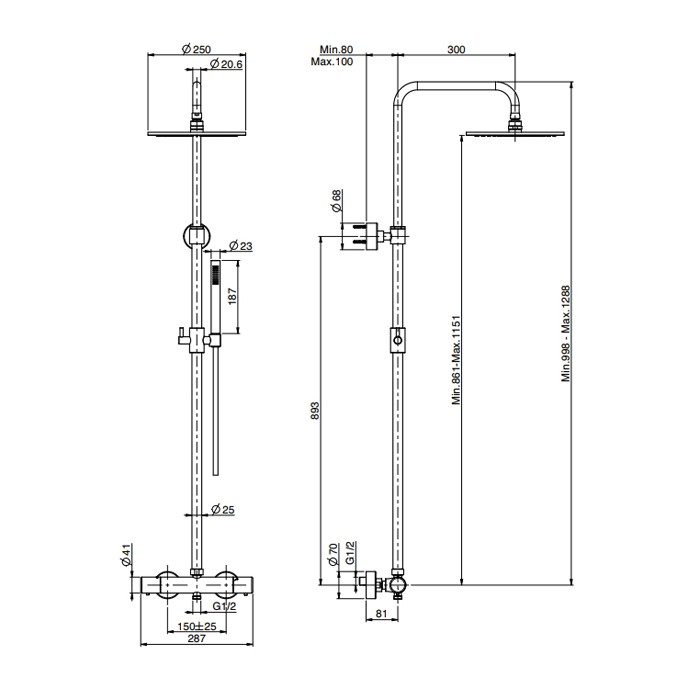 Fima Carlo Frattini душевая стойка с термостатическим смесителем, верхний душ металлический d250 мм., ручной душ и шланг 1500 мм., чёрный арт. f4285/r256ns