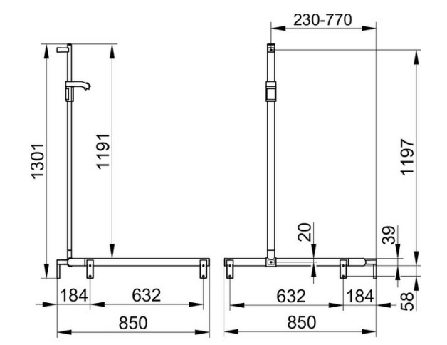 Keuco поручень вдоль стены для установки справа и слева 850 мм х 850 мм х 1301 мм, со штангой для душа, axess, хром арт. 35015 010101