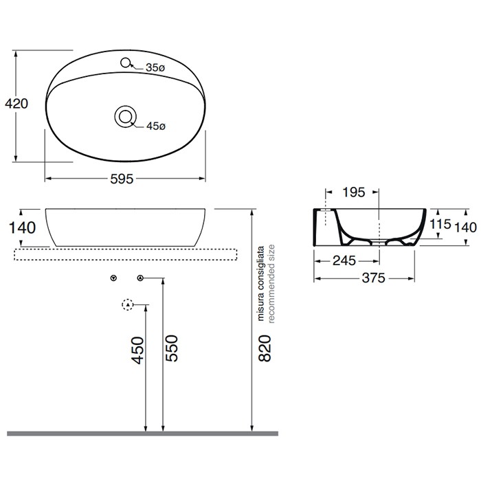 Azzurra раковина накладная 60х42см., без отв., Azzurra, ELLA060420CMCT/(ECI60M cotton)*0 цвет: белый матовый