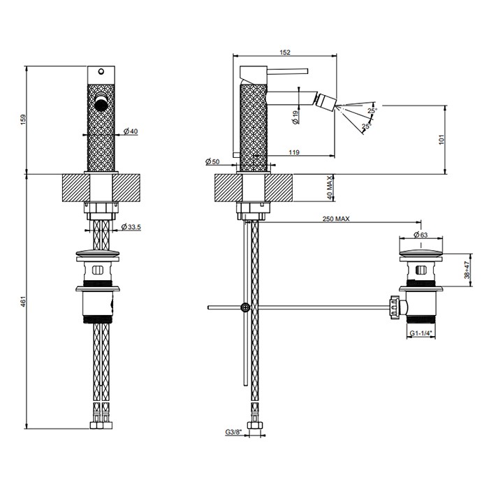 Gessi Смеситель для биде на 1 отв. с донным клапаном, излив: 118мм, 316, 54107#707 цвет: brushed black metal pvd