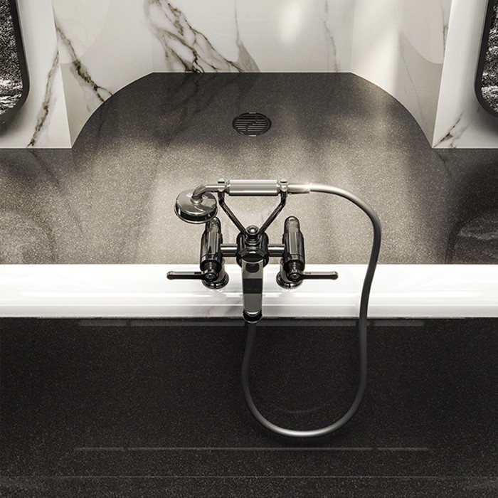 Gessi Смеситель для установки на борт ванны на 2 отверстия, двухвентильный, с ручным душем и шлангом 1500 мм., Venti20, 65115#299 цвет: черный матовый