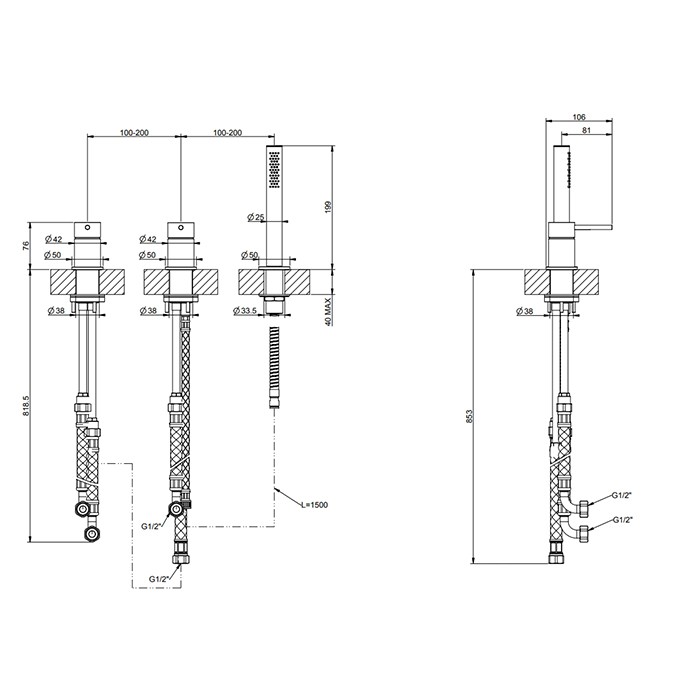 Gessi Смеситель для ванны, на 3 отверстия, наполнение через слив-перелив, с переключателем, убирающаяся душевая лейка, 316, 54043#299 цвет: black xl