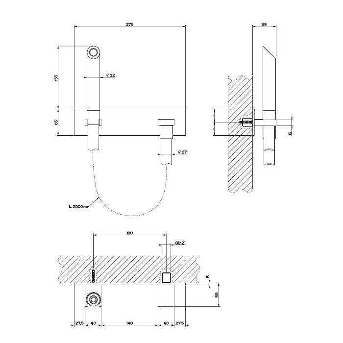 Gessi Душевая лейка с держателем, шлангом 200см., Water Tube Kneip, 32963#031 цвет: хром
