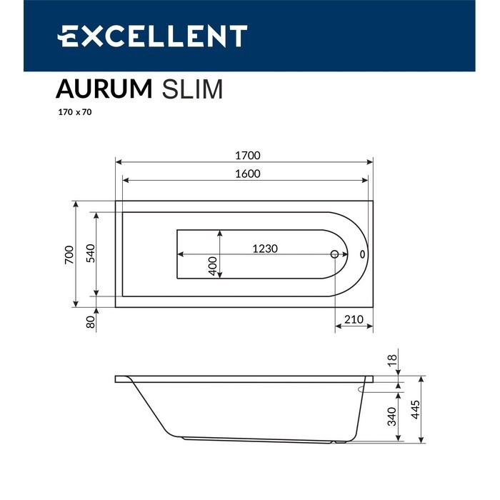 Встраиваемая ванна slim 170x70 aero, Excellent Aurum, хром арт. WAEX.AUR17S.AERO.CR