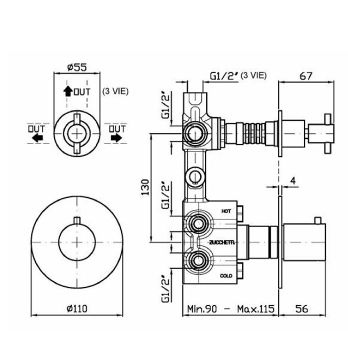 Zucchetti смеситель для душа, встраиваемый, термостатический, с переключателем на 2 потока, helm, brushed total black pvd арт. zh5646.xp81