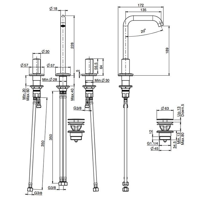 Fima Carlo Frattini смеситель для раковины, на 3 отв., с донным клапаном, so, черный арт. f3191bns
