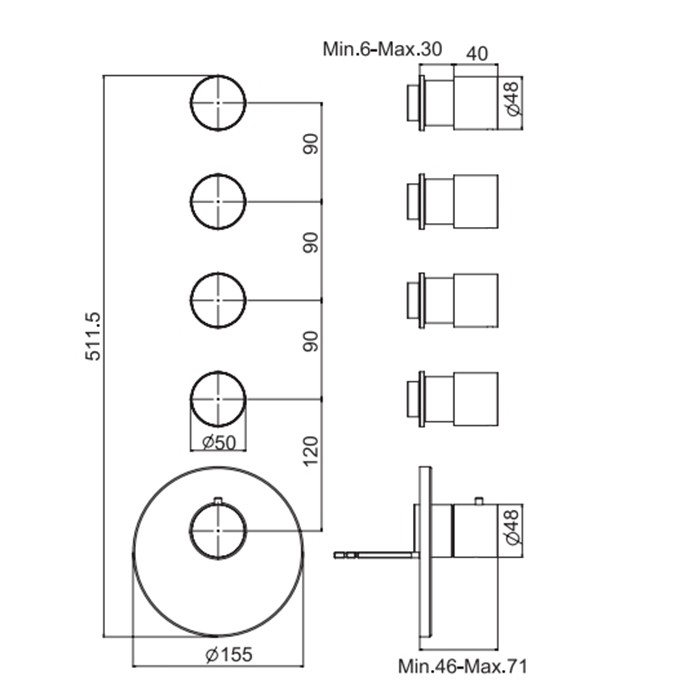 Fima Carlo Frattini смеситель для душа встроенный, термостатический, 4 запорных вентиля, spillo steel, сталь арт. f3083x4inox f2464
