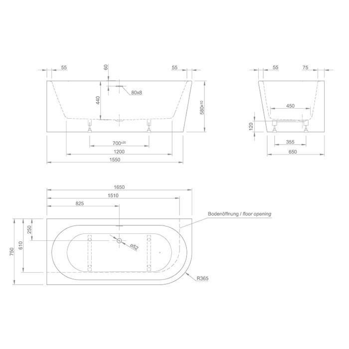 Knief ванна 165x75х58см., с щелевым переливом, без сл-пер, Wall XS, 0100-255-R 0100-091-06 цвет: белый