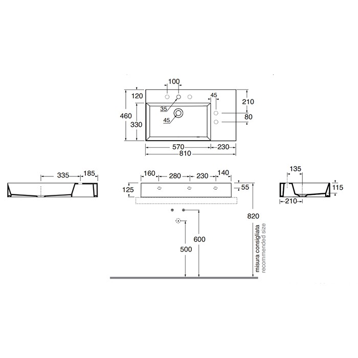 Azzurra раковина 81х46х12.5см., подвесная/накладная, 1 отв., Azzurra, ELLP08146RQMBI*1 цвет: белый