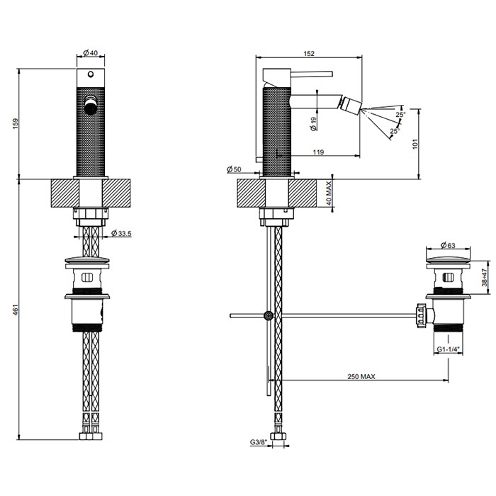 Gessi Смеситель для биде на 1 отв., с донным клапаном, излив: 118мм, 316, 54407#707 цвет: brushed black metal pvd