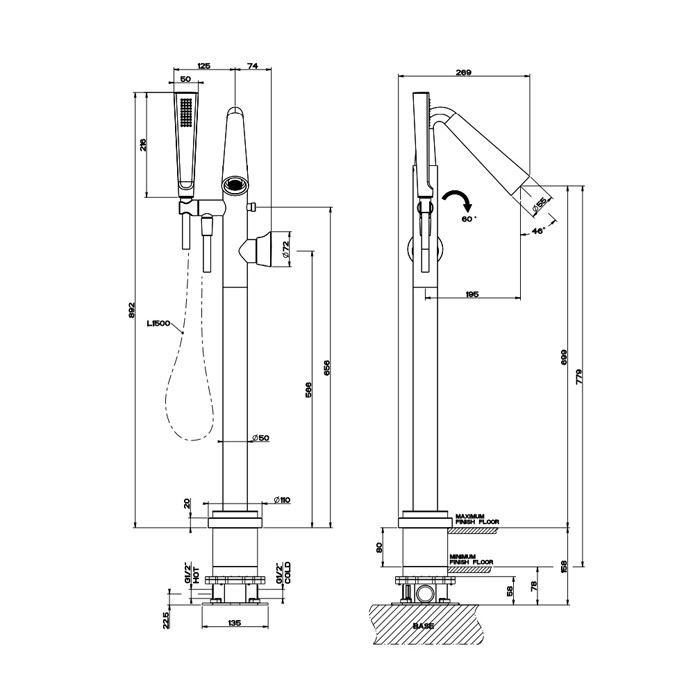 Gessi Смеситель для ванны напольный, с ручным душем и шлангом 1500 мм., внешняя часть, Cono, 45028#299 цвет: black xl