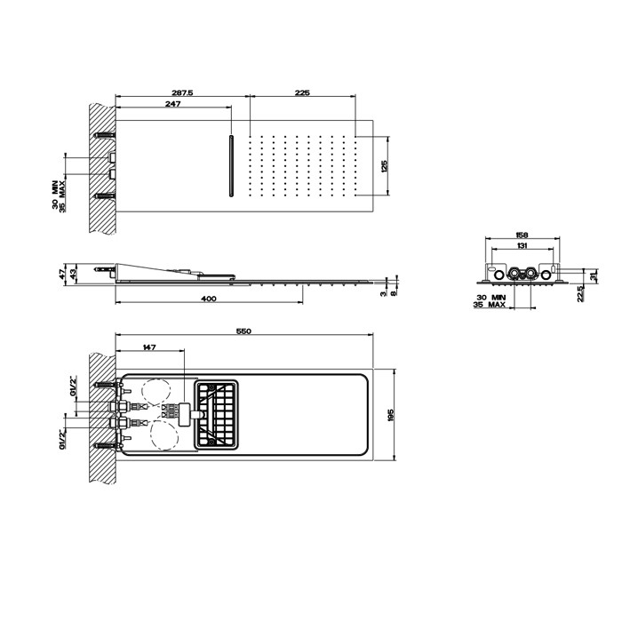 Gessi Верхний душ 195х550 мм., для настенного монтажа, Tremillimetri, 33063#239 цвет: steel brushed