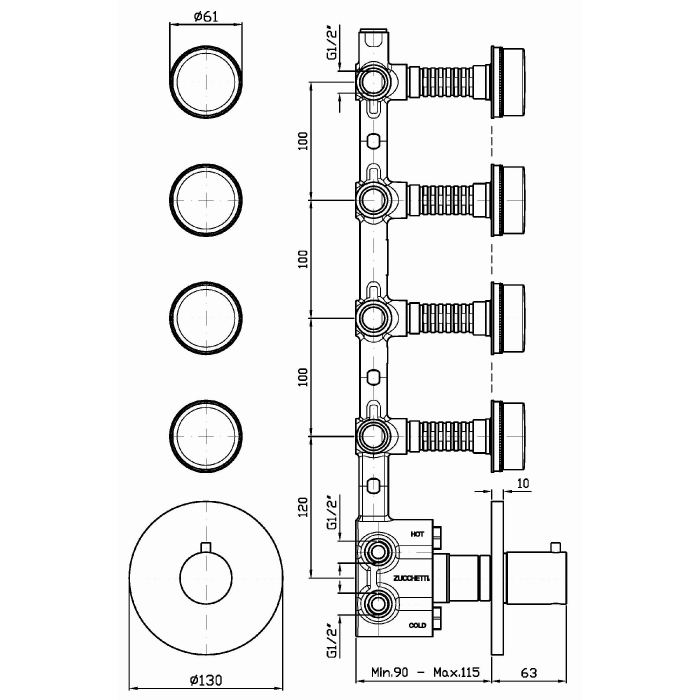 Zucchetti встроенный термостатический смеситель с 4 запорными клапанами, savoir, хром арт. zsa662.cc r97823