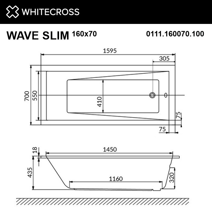 Встраиваемая ванна slim 160x70 line nano, Whitecross Wave, хром арт. 0111.160070.100.LINENANO.CR