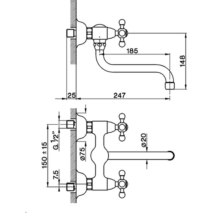 Cisal смеситель двухвентильный настенный для кухни, с поворотным изливом 247 мм ac00040021 kitchen, цвет: хром