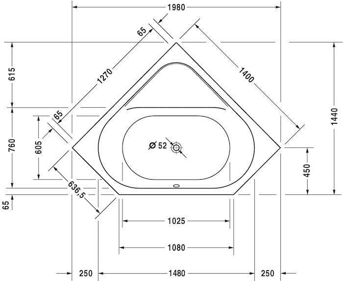 Duravit акриловая встраиваемая угловая ванна 1400 х 1400, d-code, 700137000000000 цвет: белый