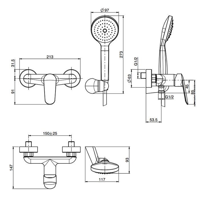 Fima Carlo Frattini смеситель для душа, настенный, с ручным душем, spot, черный арт. f3005ns