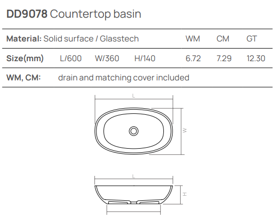 Накладная раковина 600х360хh140 мм, DEA Countertop basin, серый арт. DD9078 600 3