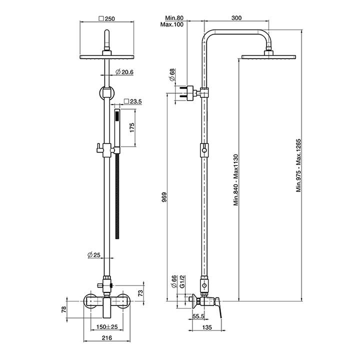 Fima Carlo Frattini душевая стойка: смеситель для душа, настенный, с душ.стойкой, верхний душ d250мм, ручной душ fit, белый арт. f3385/2bs