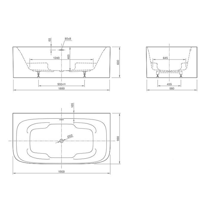Knief ванна пристенная 190x100x60см., щелевой перелив, Summer Wall, 0100-271 0100-091-06 цвет: белый