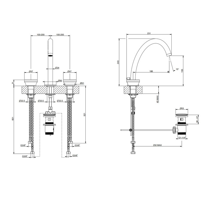 Gessi Смеситель для раковины на 3 отв, с донным клапаном, Origini, 66013#031 цвет: хром