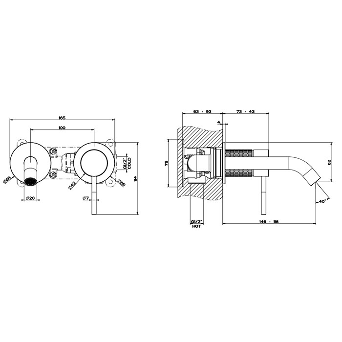 Gessi Встраиваемый смеситель для раковины с изливом 146-116мм, 316, 54283#707 цвет: brushed black metal pvd