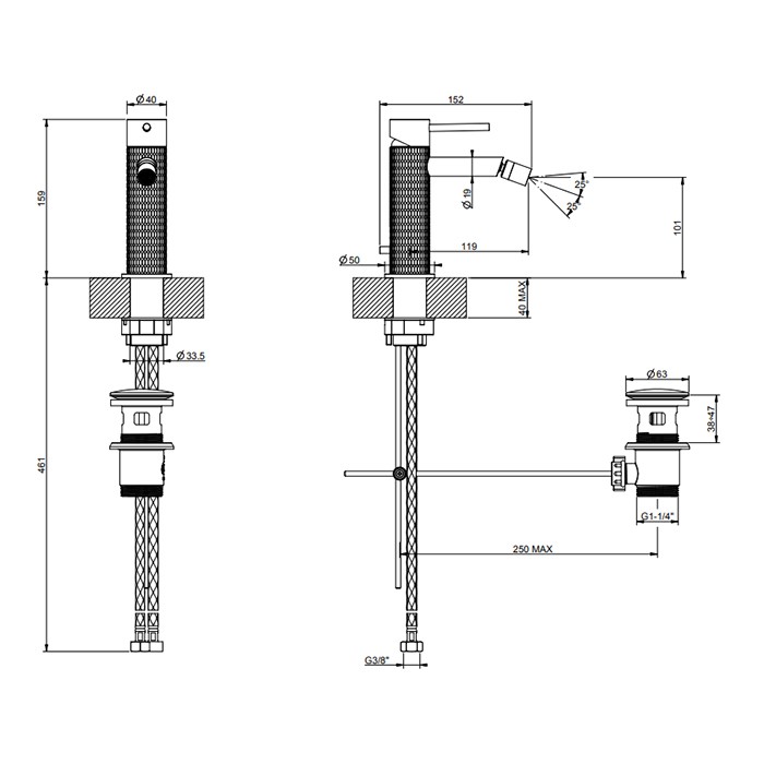Gessi Смеситель для биде на 1 отв. с донным клапаном, излив: 118мм, 316, 54207#707 цвет: brushed black metal pvd