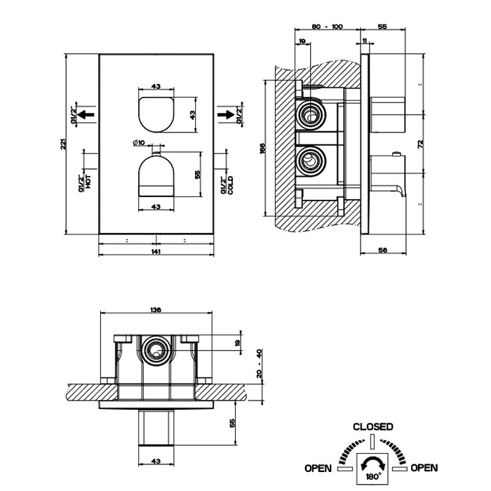 Gessi Встраиваемый смеситель для душа, термостатический, на 2 источника, Rilievo, 59134#299 цвет: nero xl