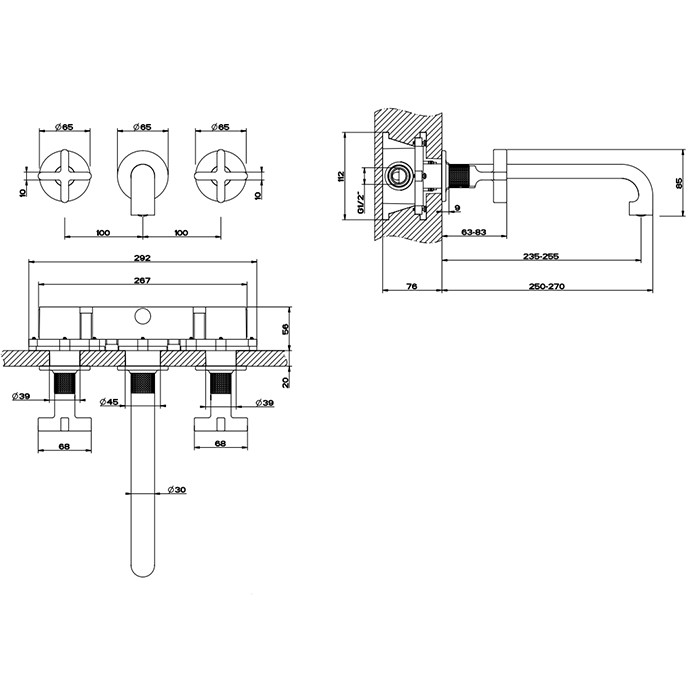 Gessi Смеситель для раковины, встраиваемый, излив 25.5см., (внешние части), Inciso, 58192#087 цвет: gold brushed ccp