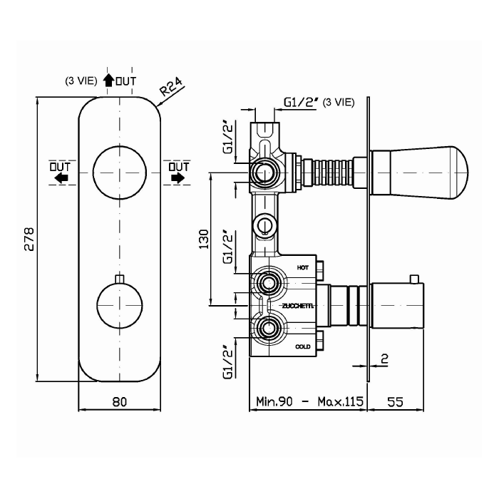 Zucchetti смеситель для душа, встраиваемый, термостатический, nude, черный арт. znu646.c50