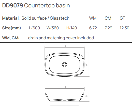 Накладная раковина 600х360хh140 мм, DEA Countertop basin, белый арт. DD9079 600 18