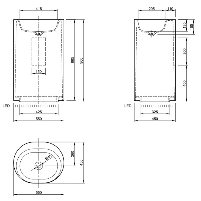 Knief раковина 55х45хh90см, напольная, с подсветкой, c выпуском белым и сифоном, слив в стену, Knife, 0600-031-01WA matt цвет: белый