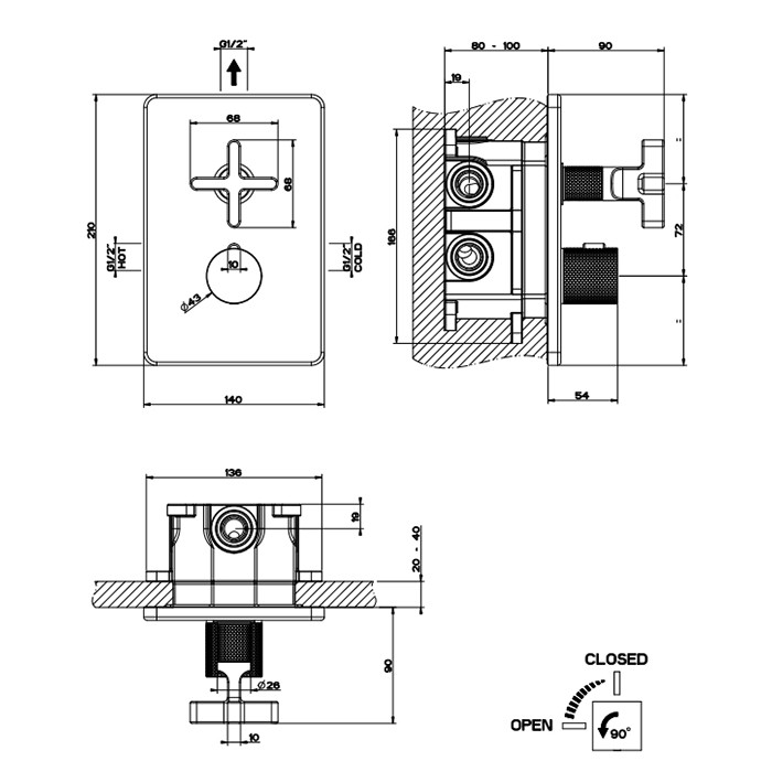 Gessi Смеситель для душа с переключателем на 1 выход, термостатический, Inciso, 58232#031 цвет: хром