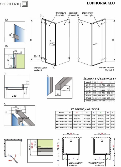 Radaway душевая дверь kdj 60 профиль хром стекло прозрачное, Euphoria - 383612-01L