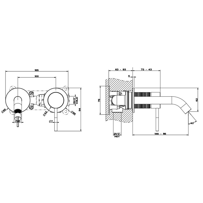 Gessi Встраиваемый смеситель для раковины с изливом 146-116мм, 316, 54383#707 цвет: brushed black metal pvd
