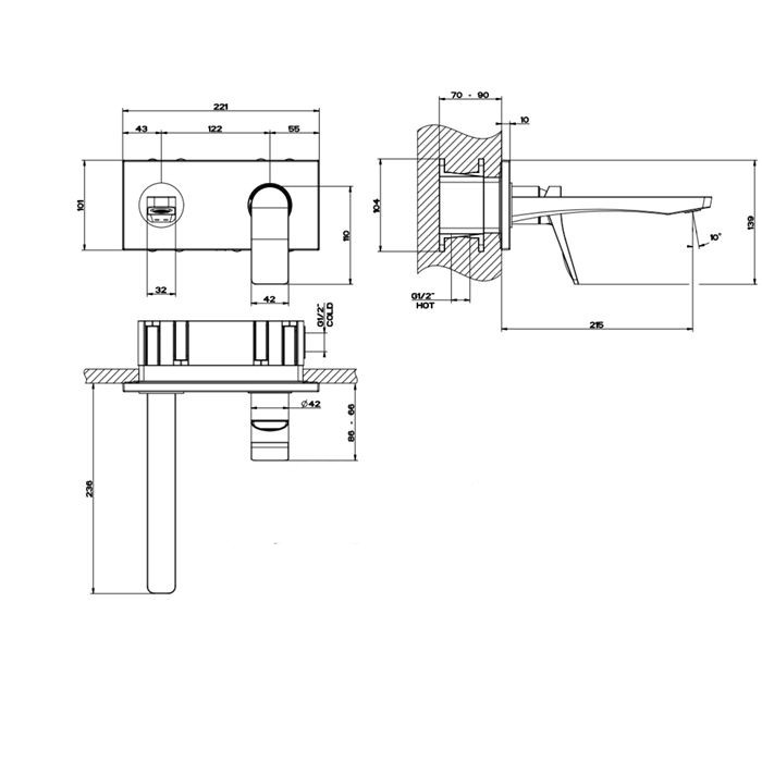 Gessi Встраиваемый смеситель для раковины с изливом 215мм, Rilievo, 59089#299 цвет: nero xl