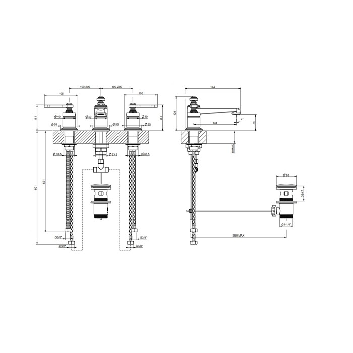 Gessi Смеситель для раковины на 3 отверстия, высота излива 50 мм., в комплекте с донным клапаном, Venti20, 65011#031 цвет: хром