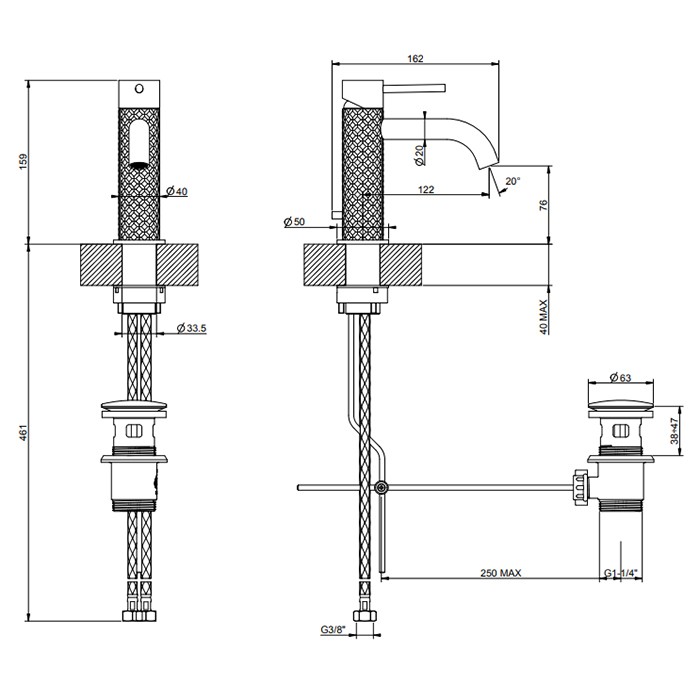Gessi Смеситель для раковины на 1 отв. с донным клапаном, излив: 123мм, 316, 54101#707 цвет: brushed black metal pvd
