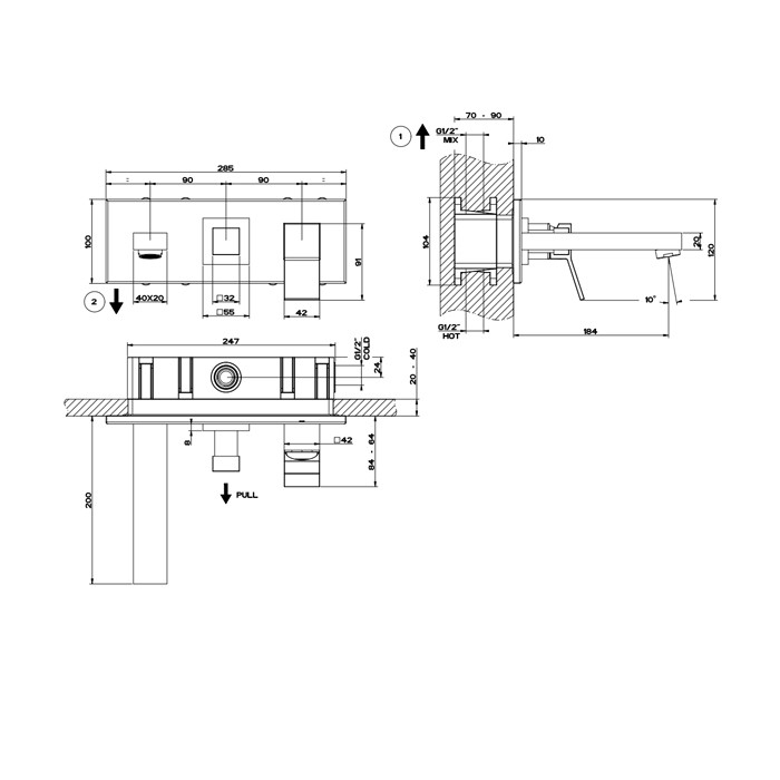 Gessi Смеситель для раковины, встраиваемый, однорычажный, с изливом и переключателем PULL, Rettangolo, 53138#299 цвет: black xl